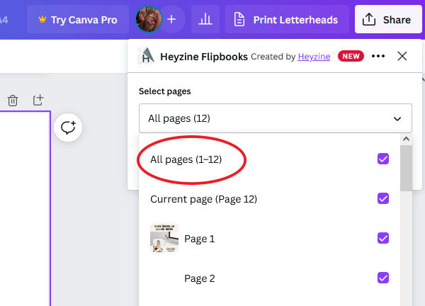 Select all pages in Canva
